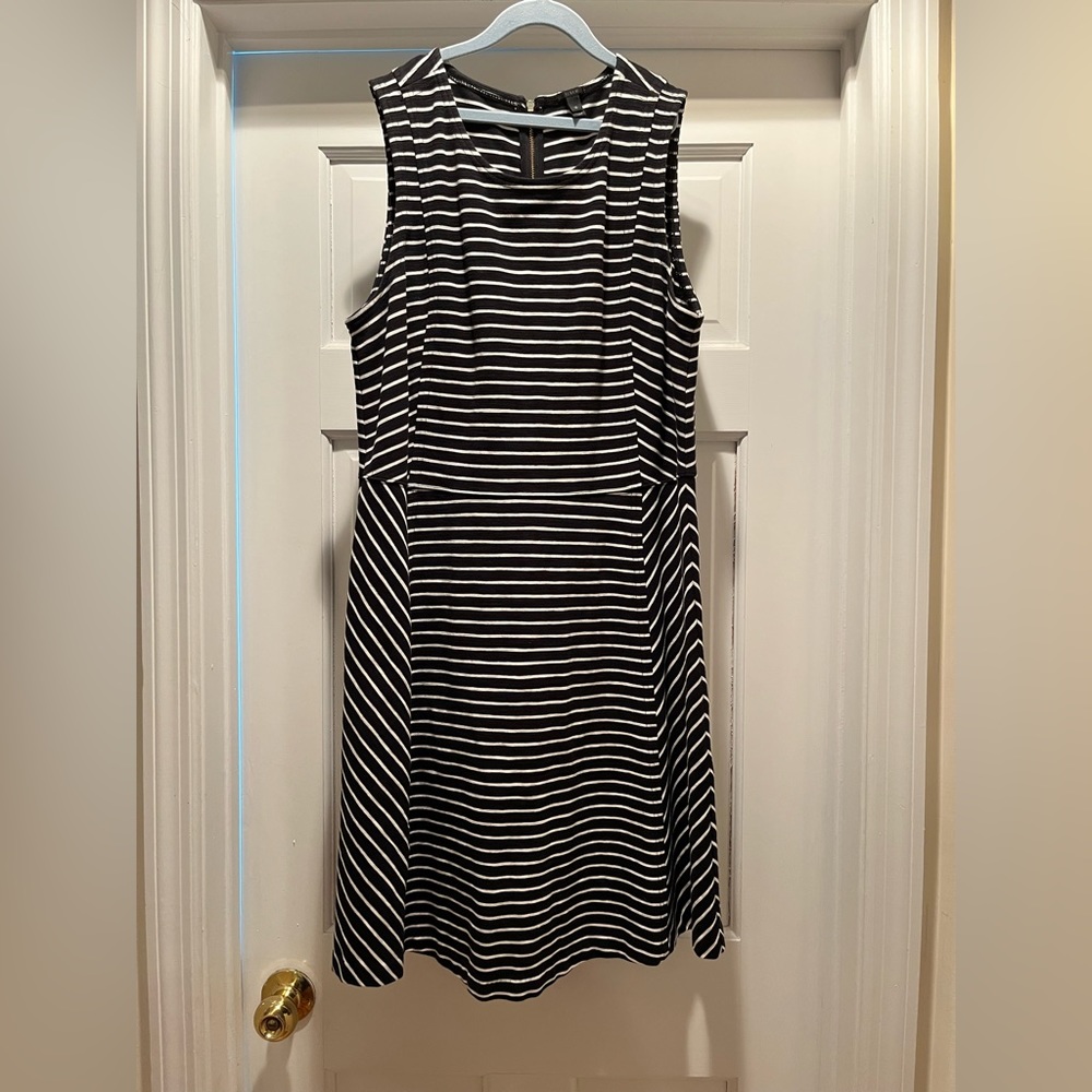 JCrew black and white stripe fit and flare dress. Size 12.